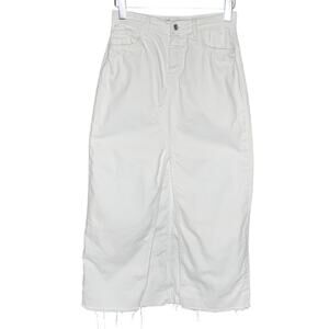 Zara S White Denim Midi Skirt High Waisted Zip Front Slit A-Line